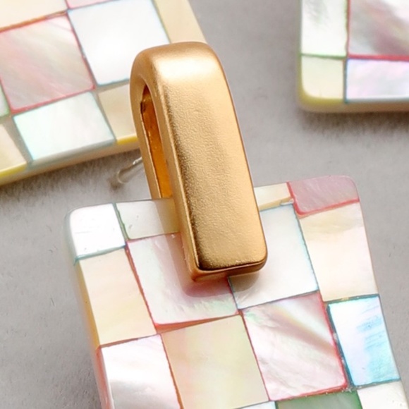 Handmade Mother of Pearl Earrings Geometric Quilted Pattern Earrings - Picture 5 of 8